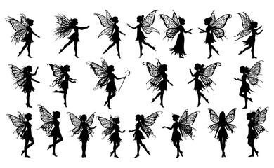 Silhouettes of Cute Fairy Girls with Decorative Wings in Magical Standing and Flying Poses for Fantasy Art and Design Use