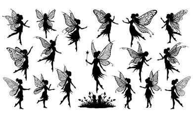 Silhouettes of Magical Fairies with Wings in Various Flying and Standing Poses for Fantasy Kids Art