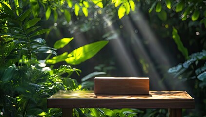 Wooden box on table, sunbeams through foliage
