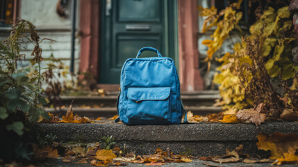 Blue backpack is sitting on a concrete step in front of a green door. The scene is set in autumn, with leaves scattered around the area. The backpack is the main focus of the image