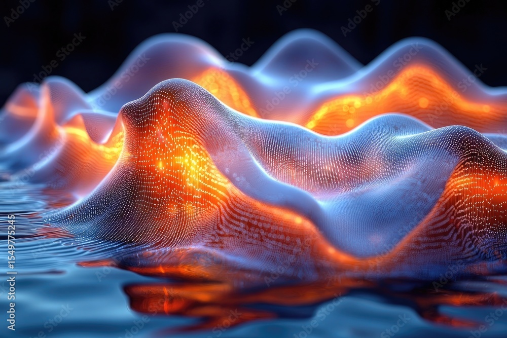 Poster abstract glowing network of points forming flowing waves