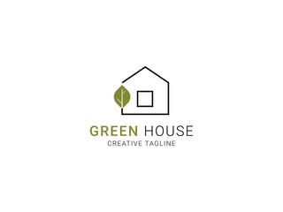 Minimalist green house logo design with house and leaf