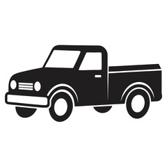 Black silhouette of a pickup truck icon, ideal for delivery services, construction themes, utility vehicles, transportation logos, and off-road automotive vector illustrations.