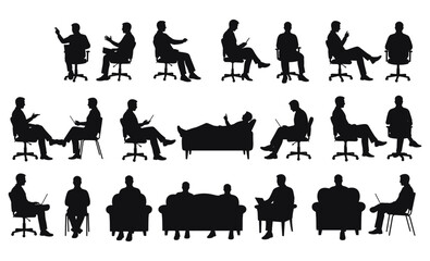 People Seated in Various Business, Casual, and Relaxed Poses, Interacting with Technology and Conversing