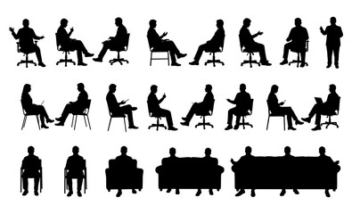 Individuals and Groups Seated in Various Poses, Interacting with Devices and Conversing