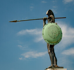 Statue of Leonidas at Thermopylae against blue sky.