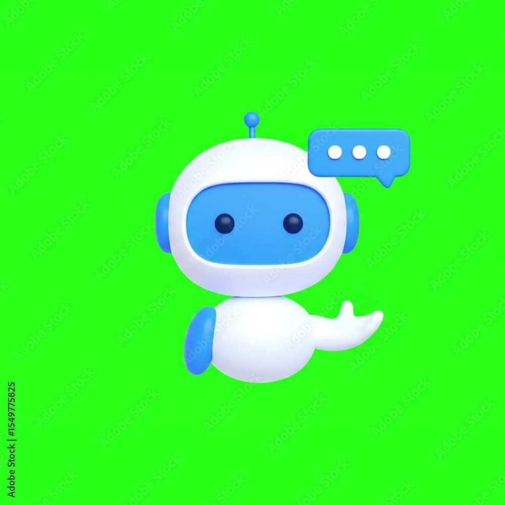 Poster 3d chatbot robot icon with speech bubble – friendly ai assistant character on green screen backgroun