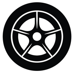 Obraz premium Black car wheel or tire rim silhouette icon, ideal for automotive design, car service logos, mechanic icons, racing themes, transport tools, or vehicle engineering graphics.