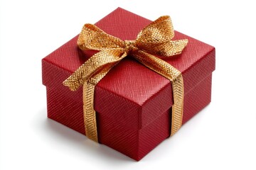 Red textured box wrapped with a metallic gold ribbon tied in a bow set against a white background