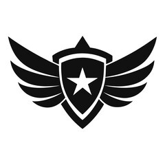 Fototapeta premium Silhouette of a winged star shield emblem in black, perfect for military logos, hero icons, branding elements, badge designs, or vintage vector illustrations with bold styling.