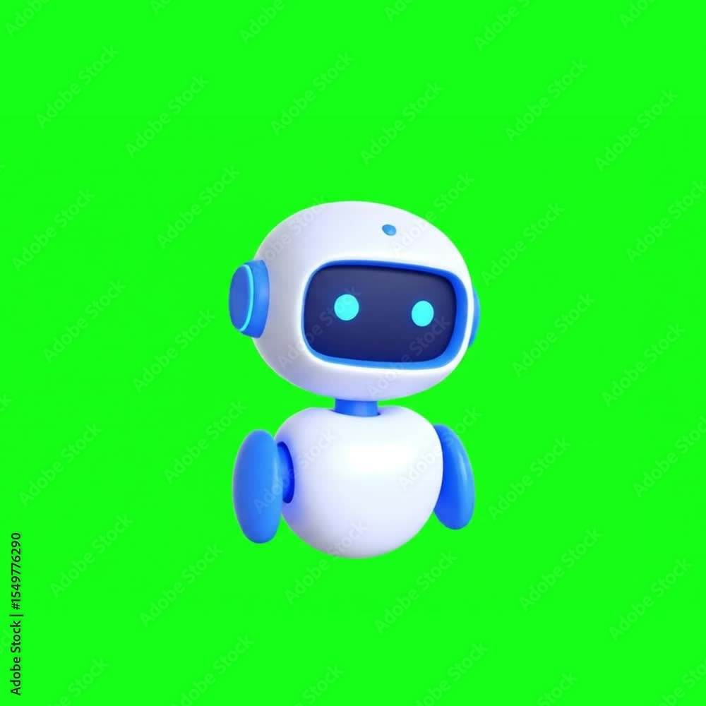 Poster 3d chatbot robot talking with speech bubble – cute ai assistant animation on green screen background