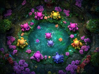 Cute Colorful Creatures Play in Enchanted Flower Pool Scene