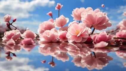 Blossom flowers petals on mirror with sky reflection


