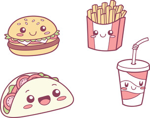 Cute kawaii food characters with burger fries donut and soda in pastel colors. Cartoon snack illustration collection with smiling fast food faces in flat style. Happy food doodle sticker set including