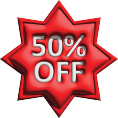 3D 50% Off Red Starburst Sale Badge.
