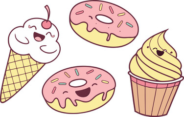 Cute kawaii food characters with burger fries donut and soda in pastel colors. Cartoon snack illustration collection with smiling fast food faces in flat style. Happy food doodle sticker set including
