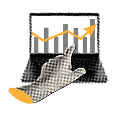 Halftone hand pointing with finger on laptop rising arrow chart on screen,Business growth concept 