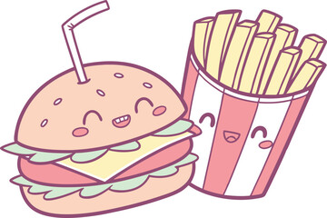 Cute kawaii food characters with burger fries donut and soda in pastel colors. Cartoon snack illustration collection with smiling fast food faces in flat style. Happy food doodle sticker set including