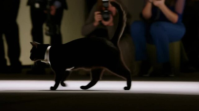 cat model with bow tie walks down catwalk of fashion show among spectators and photographers