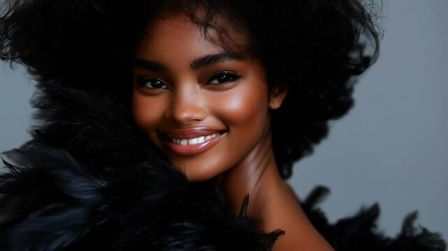 young attractive black skin curly haired model in feather outfit smiling, woman laughing, portrait