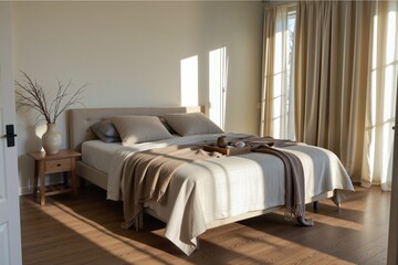 Fototapeta premium Modern Minimalist Bedroom with Natural Light and Soft Textures
