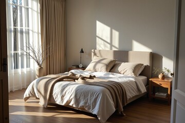 Serene Bedroom with Sunlight and Soft Textiles in Neutral Tones