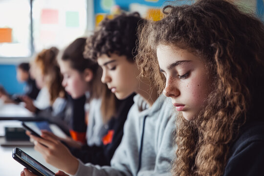 Group of students are sitting in a classroom and using their cell phones. Back to school concept
