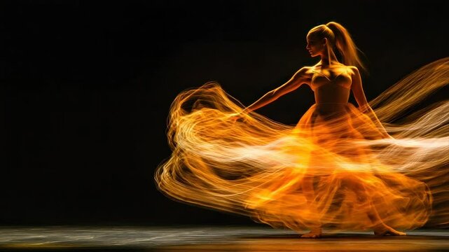 Graceful dancer, dynamic movement,  orange flowing dress