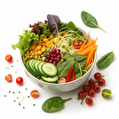 fresh vegetable salad in a ceramic bowl with lettuce, tomatoes, cucumbers, bell peppers, onions, and herbs on white background