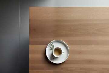 Simple Coffee Cup and Saucer on Wooden Table with Green Leaf