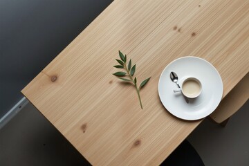 Minimalist Coffee Setup on Wooden Table with Green Leaf Accent