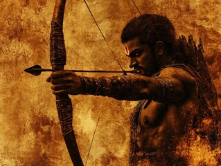A man with a bow and arrow aims, set against a textured, fiery background.