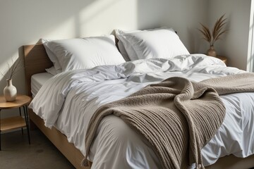 Cozy Bedroom with Soft Bedding and Natural Light on Minimalist Design
