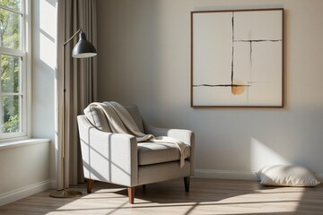 Cozy living room corner with modern art and stylish armchair