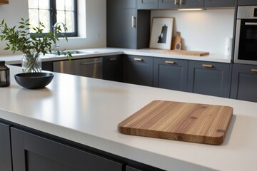 Modern Kitchen Interior with Wooden Cutting Board on Countertop