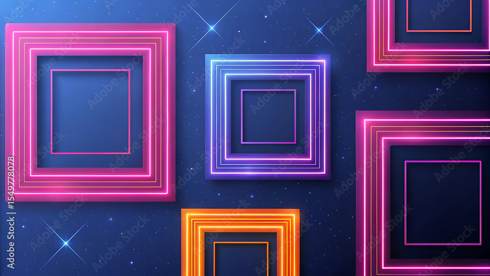 Poster neon squares in a cosmic starry night setting an abstract composition with glowing geometric shapes 