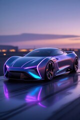 Naklejka premium Futuristic Sports Car at Twilight with Neon Lighting