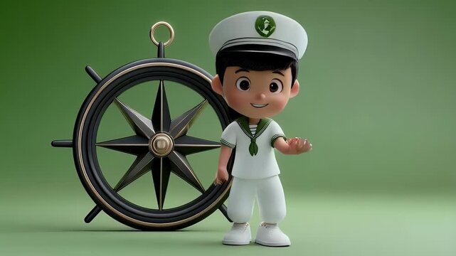 Cheerful cartoon sailor boy with compass