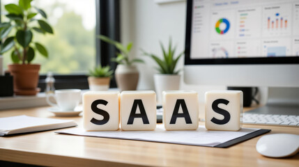 SAAS business concept showcasing cloud-based software service, subscription model, and scalable digital solutions for enterprise use with copy space