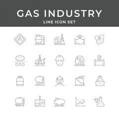 Gas Industry Line Icon Set – Natural Gas, Pipeline, Energy, Storage, Tank, Refinery, Fuel, Minimal Vector Collection