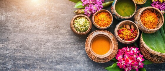 Colorful Spices and Herbs Displayed in Decorative Bowls on Table