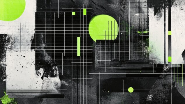 Abstract geometric shapes in grayscale and lime green
