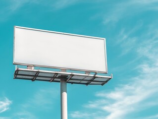 A large blank billboard stands tall against a vibrant blue sky, ready for advertising.