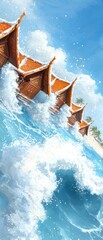 Serene Beachside Cottages with Turbulent Waves Under Bright Sky
