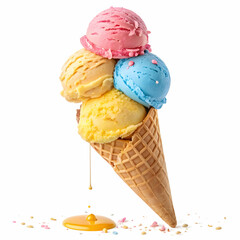 Classic vanilla ice cream cone with waffle texture, creamy swirl, and soft serve peak isolated on white background