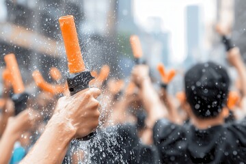 Water Fight Celebration with Colorful Toys in Urban Environment