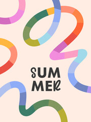 Summer abstract background with bright rainbow lines.Modern illustration with colorful shapes.Summer vacation banner in simple fun style.Vertical print for posters,banners,ad,covers,branding,fashion