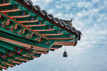 Traditional decorative coloring called dancheong beautifies a Korean temple eave.