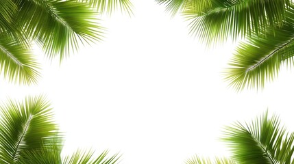 Vivid green palm fronds form a frame against a white background.