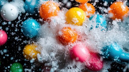 Colorful Balls Surrounded by Bubbles in Dark Background Setting